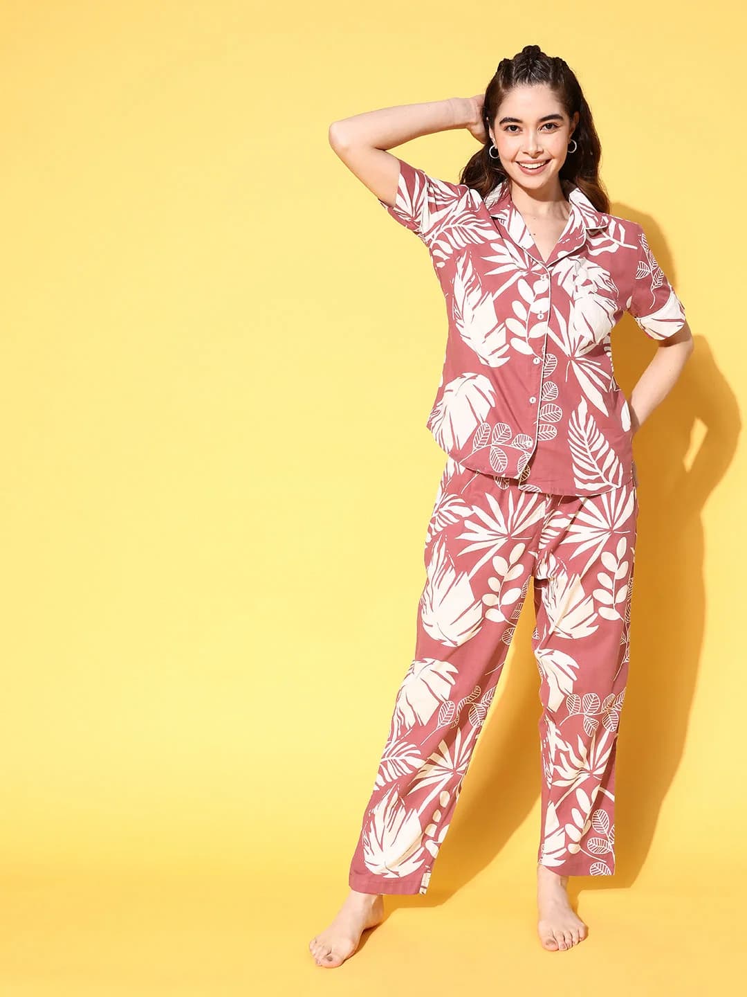 Women's Pink Casual Printed Pyjama Set