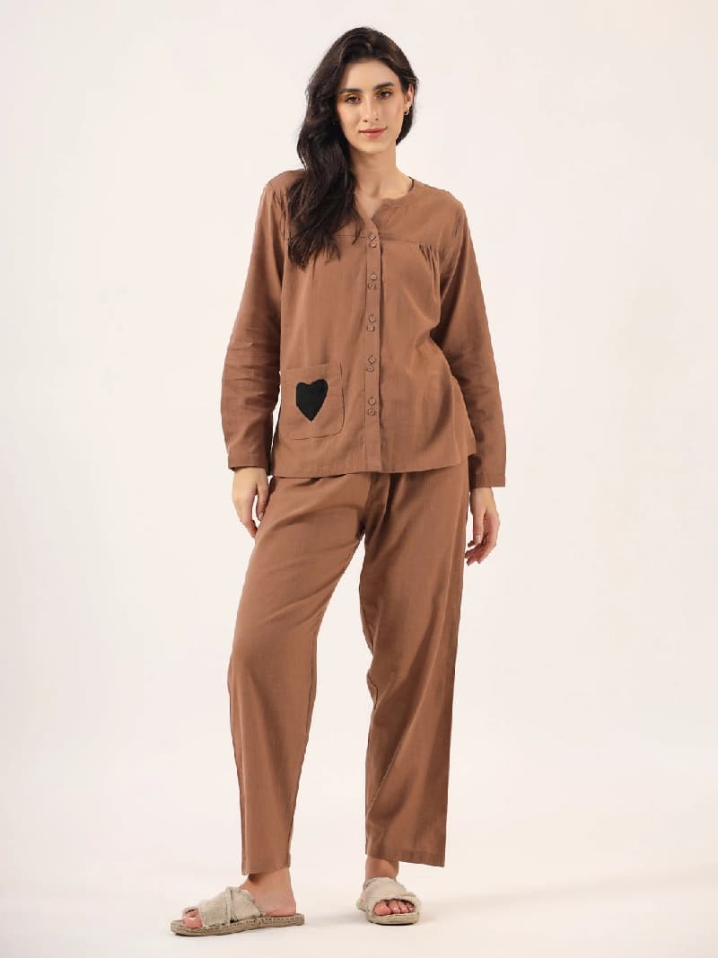 Women's Brown Daily Solid Full Sleeves Pyjama Set
