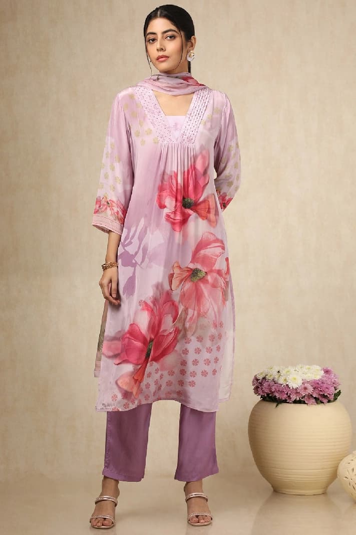 Women's Purple Crepe Floral Print Suit Set With Beads