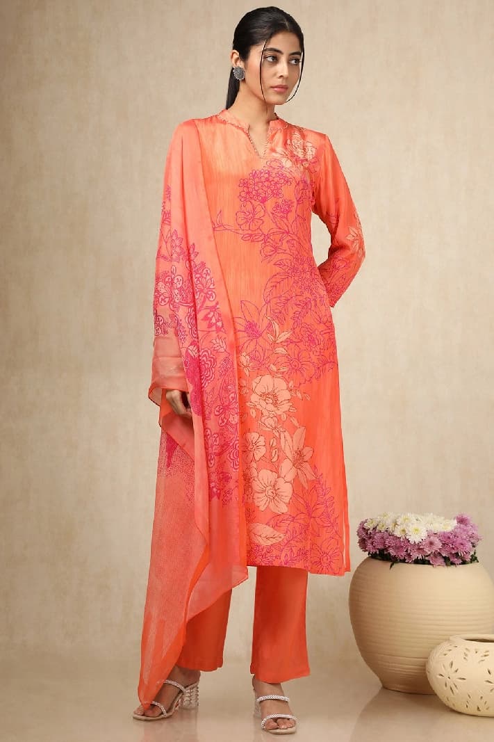 Women's Orange Crepe Floral Print Suit Set With Beads