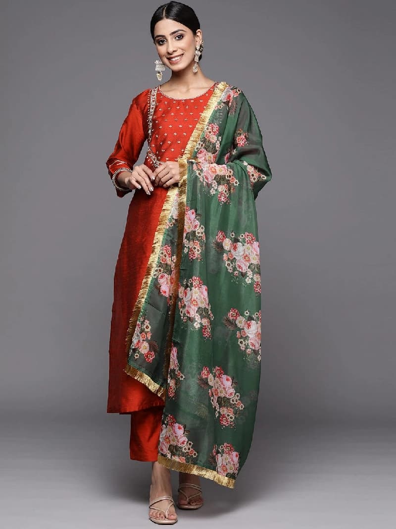 Women's Red Festive Printed Kurta Set
