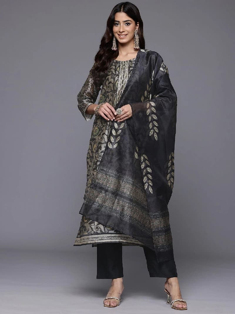 Women's Grey Festive Printed Kurta Set