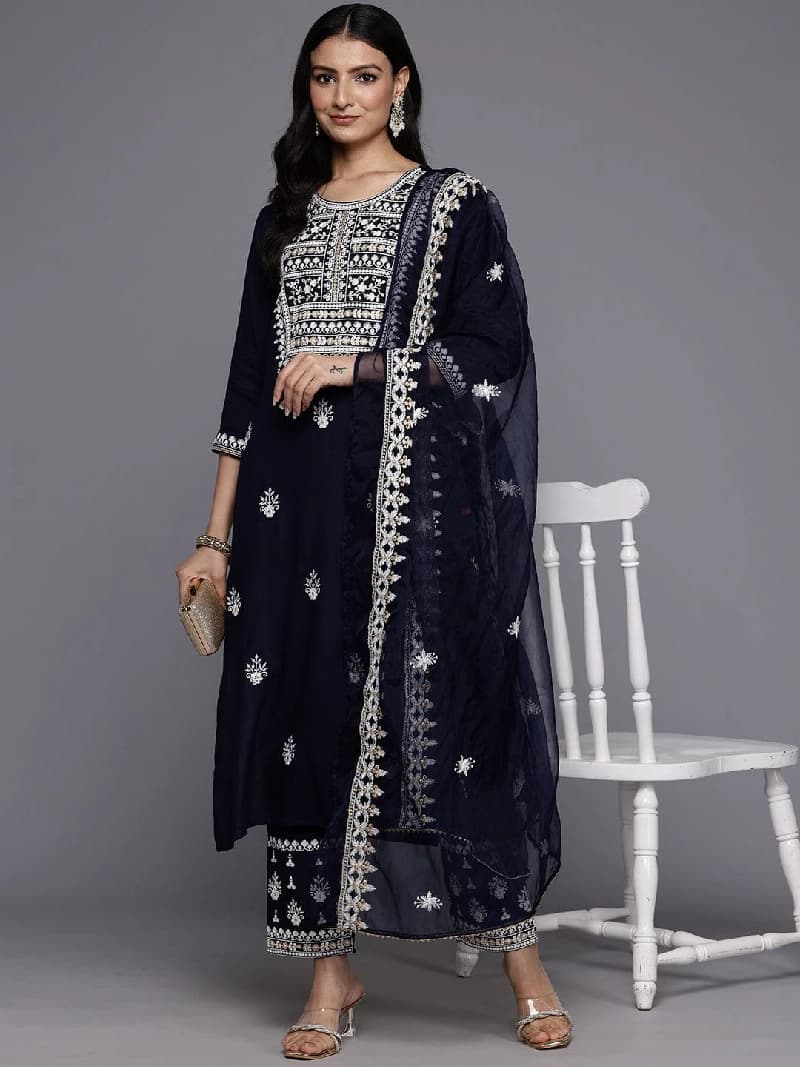 Women's Navy Festive Printed Kurta Set