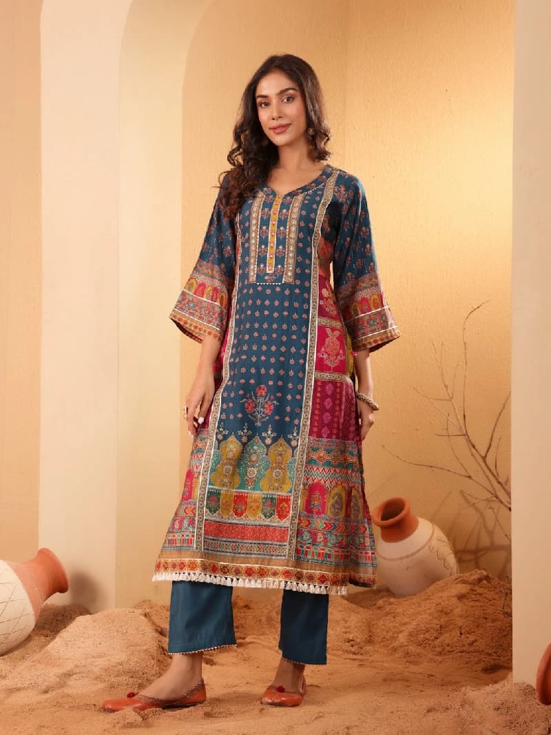 Women's Blue Festive Printed Kurta Set