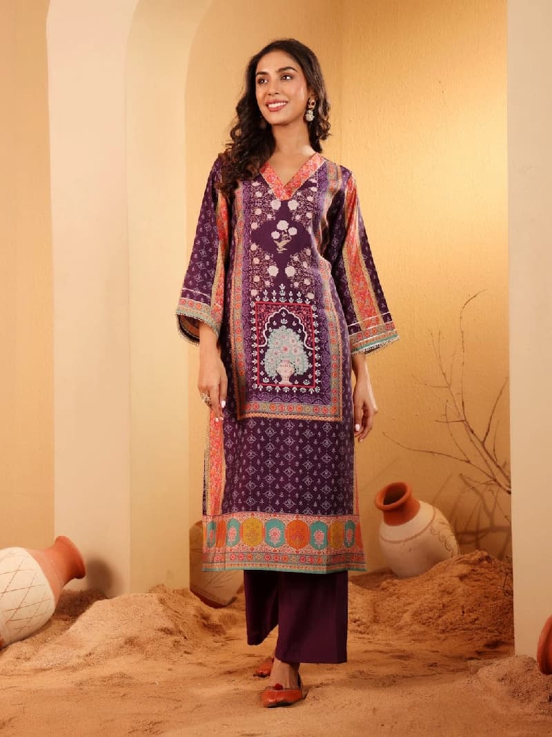 Women's Purple Festive Printed Kurta Set