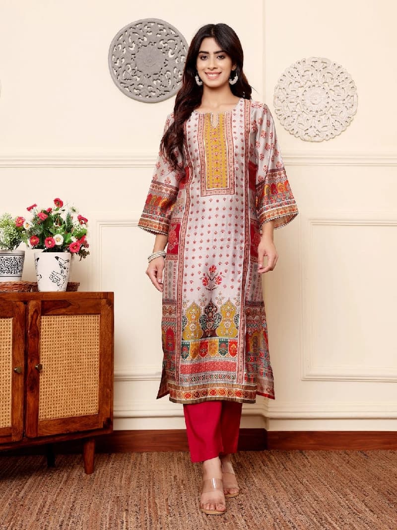 Women's Grey Festive Printed Kurta Set