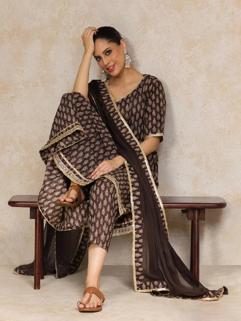 Women's Brown Festive Printed Kurta Set