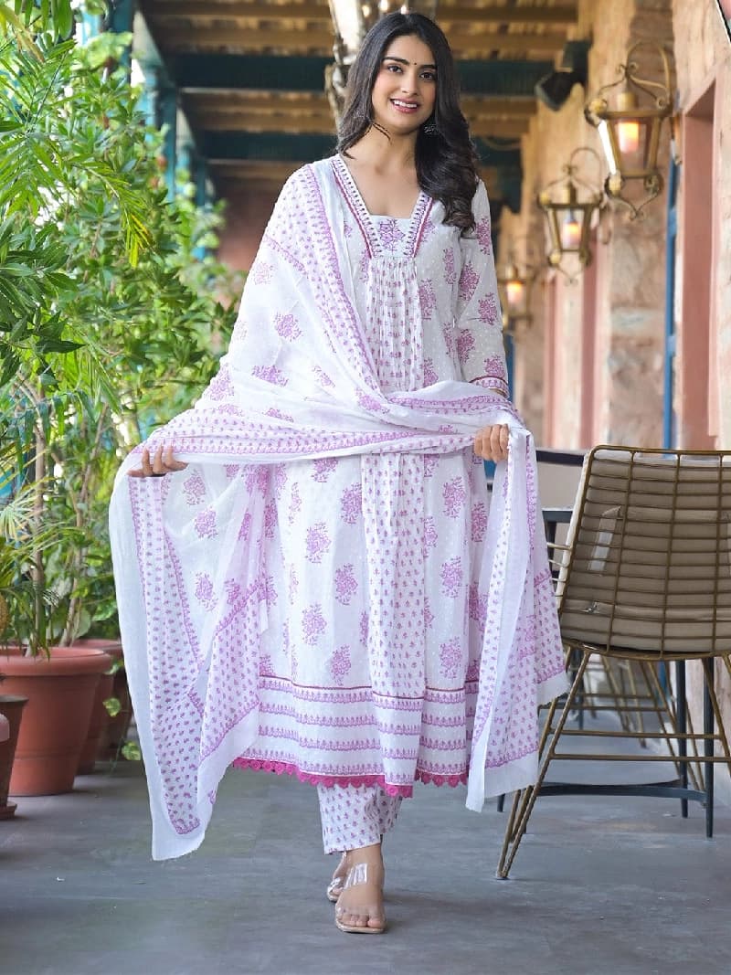 Women's White Festive Printed Kurta Set