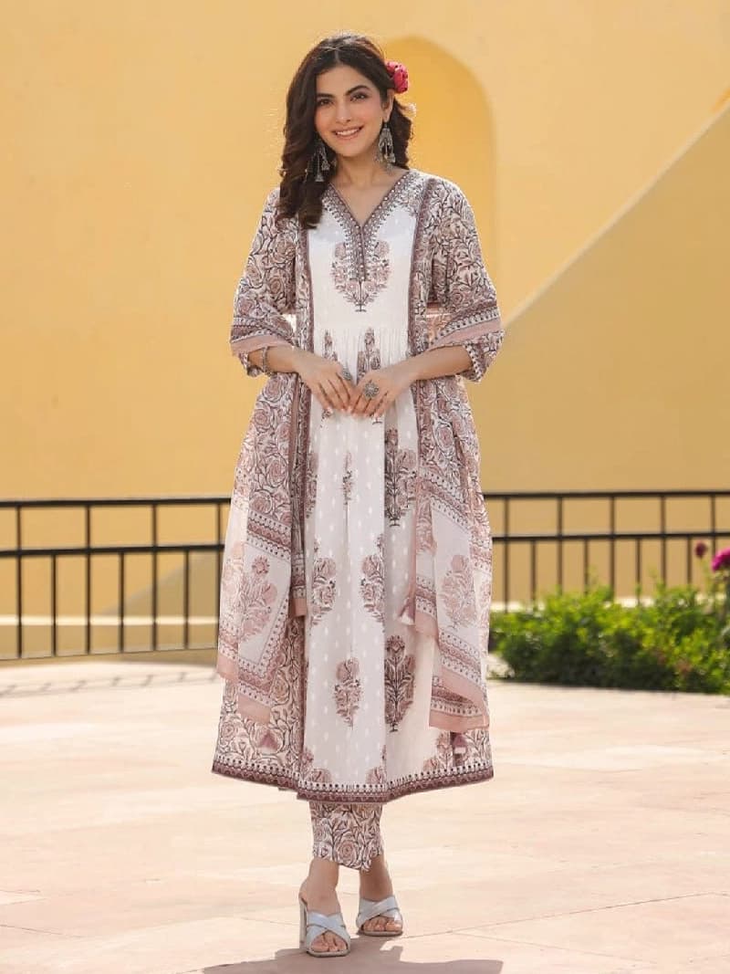 Women's White Festive Printed Kurta Set