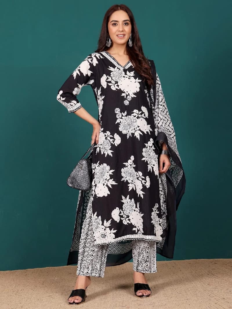 Women's Black Festive Printed Kurta Set