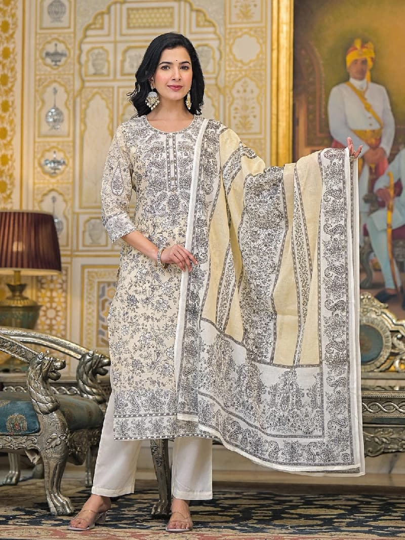 Women's White Festive Printed Kurta Set