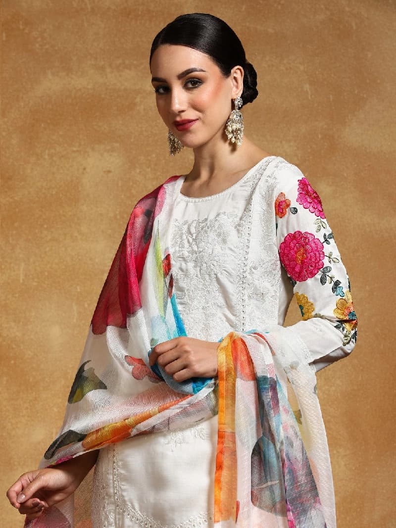 Women's White Festive Printed Kurta Set