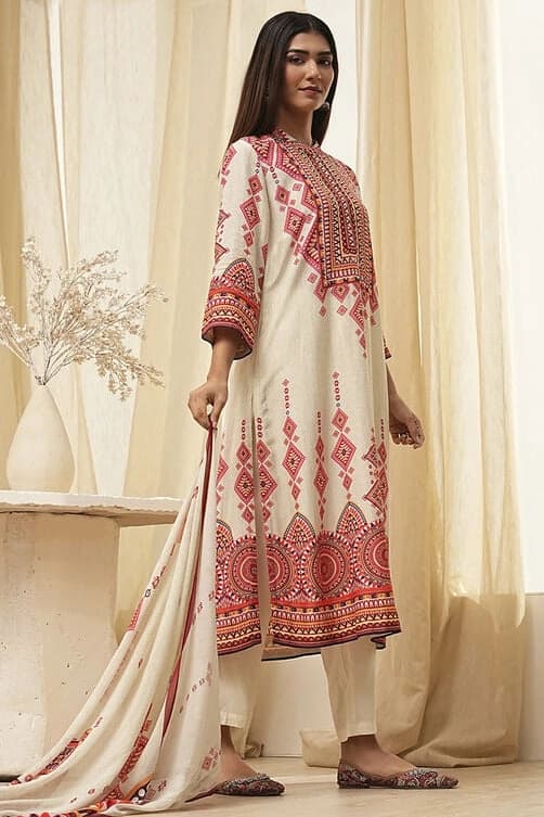 Women's Beige Festive Printed Kurta Set