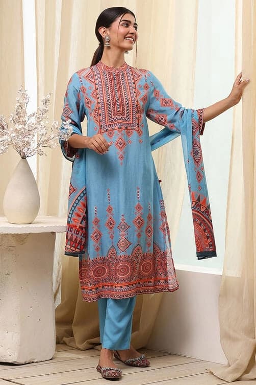 Women's Blue Festive Printed Kurta Set
