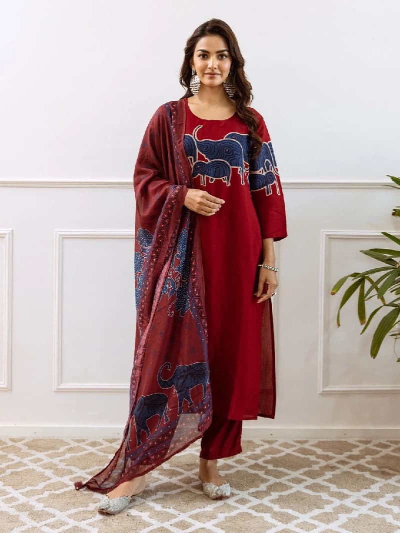 Women's Red Casual Kurta Set