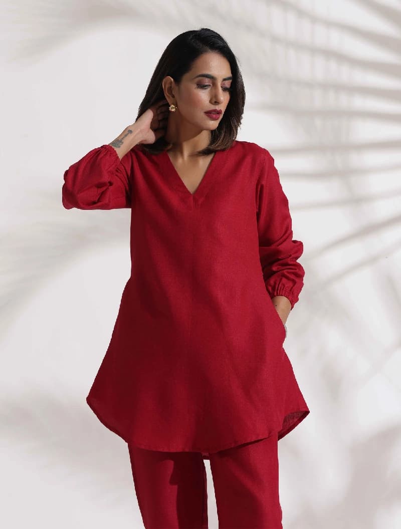 Women's Red Slub Co-ord Set
