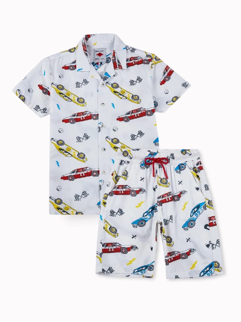 Boys White Casual Relaxed Fit Printed Half Sleeves Co-Ord Set