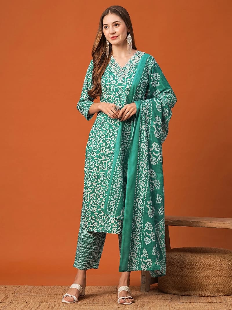 Women's Green Festive Printed Kurta Set