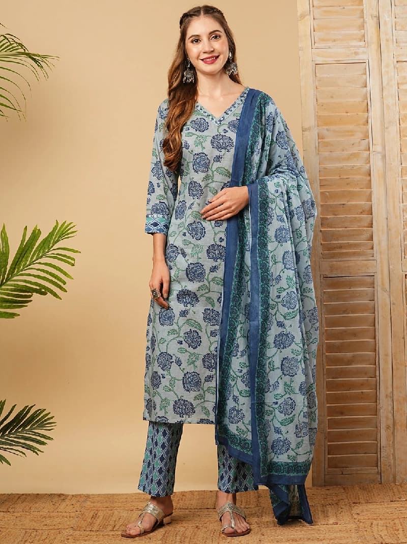 Women's Blue Festive Printed Kurta Set