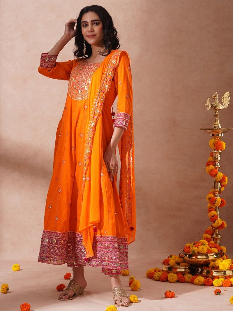 Women's Orange Festive Printed Kurta Set