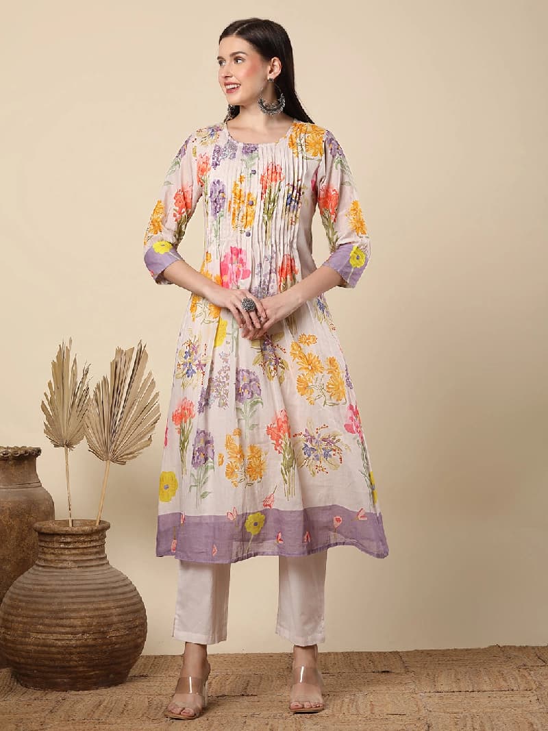 Women's White Casual Printed Kurta Set