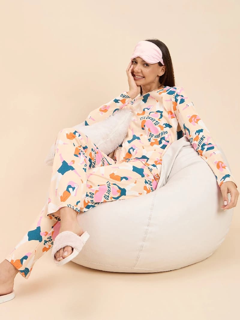 Women's Beige Casual Printed Night Suit