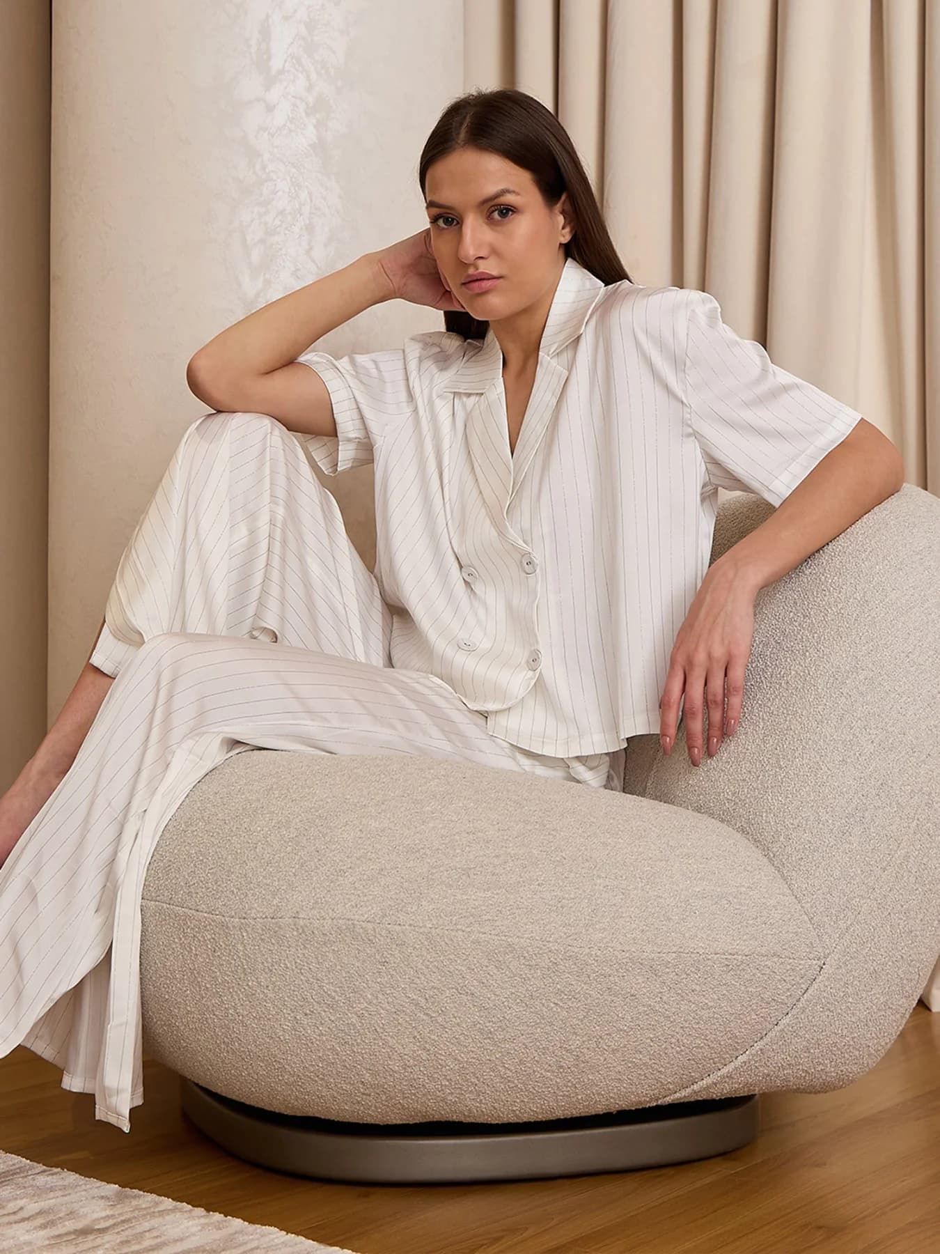 Women's White Casual Striped Night Suit