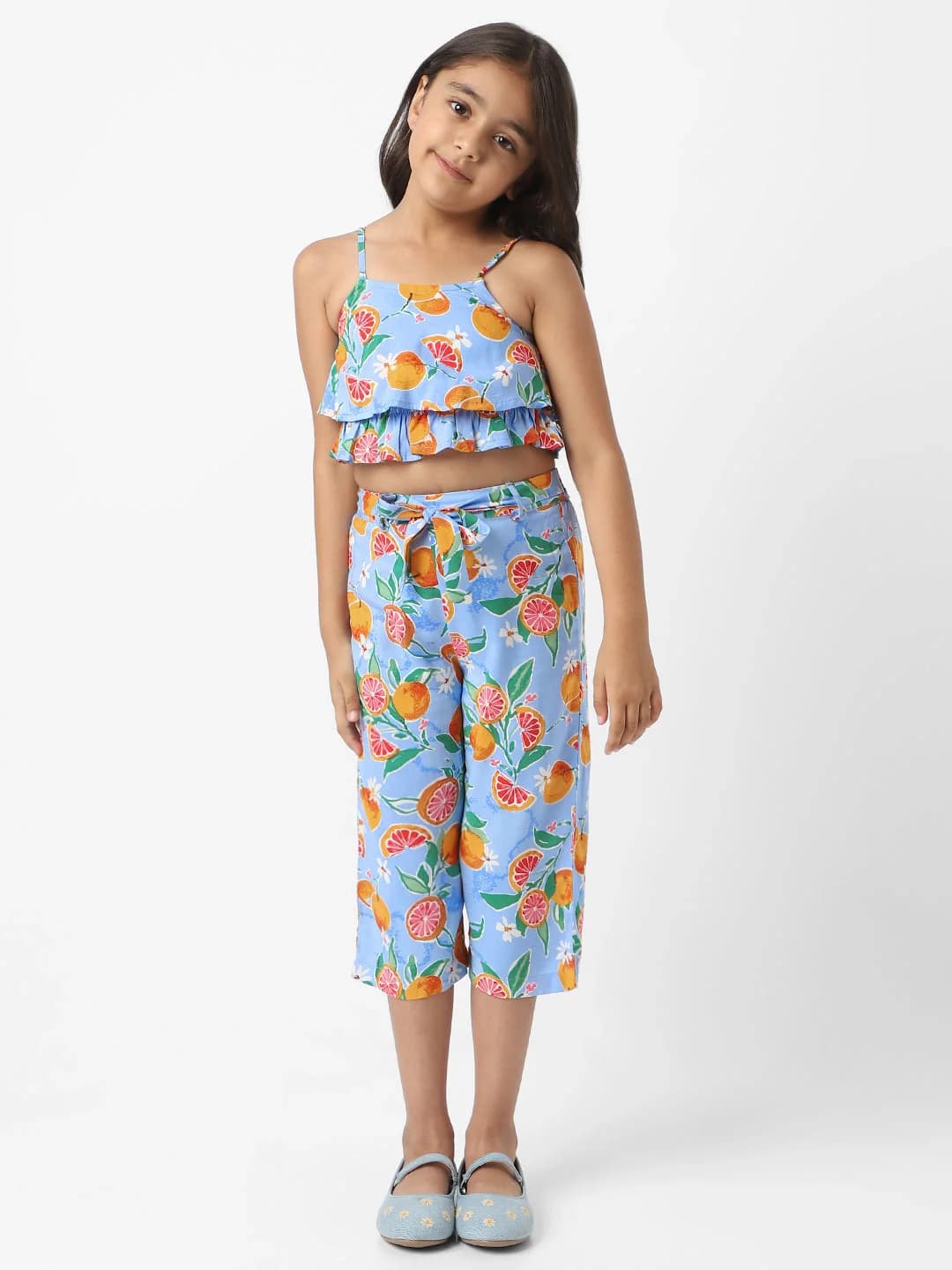 Girls Blue Casual Printed Co-Ord Set