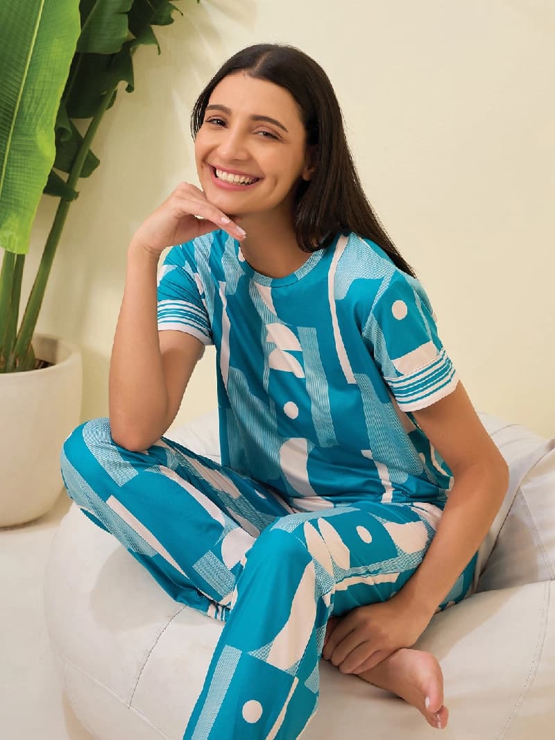 Women's Blue Casual Printed Night Suit