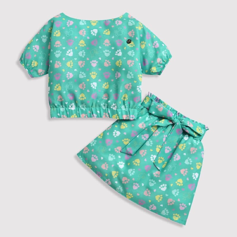 Girls Green Casual Top and Skirt Set
