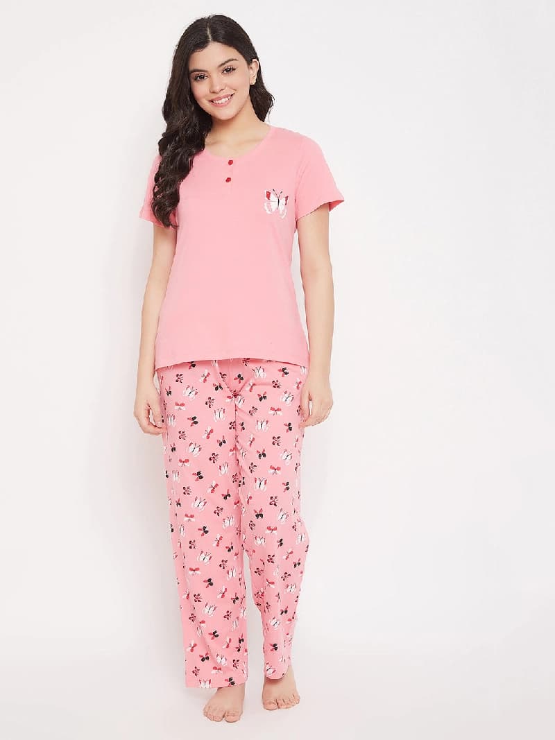 Women's Pink Casual Printed Night Suit