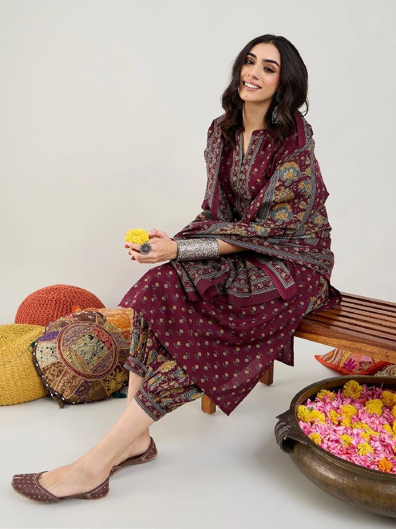 Women's Red Printed Straight Kurta Salwar with Dupatta set