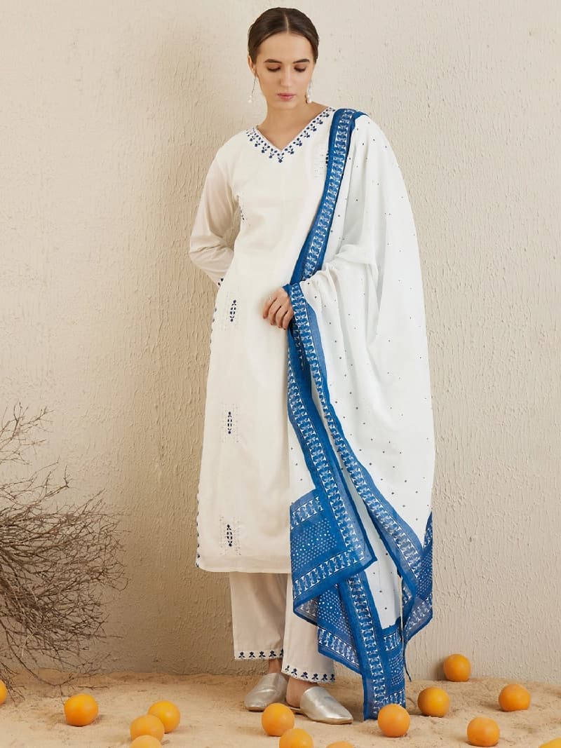 Women's White Embroidered Straight Kurta Trouser with Dupatta set