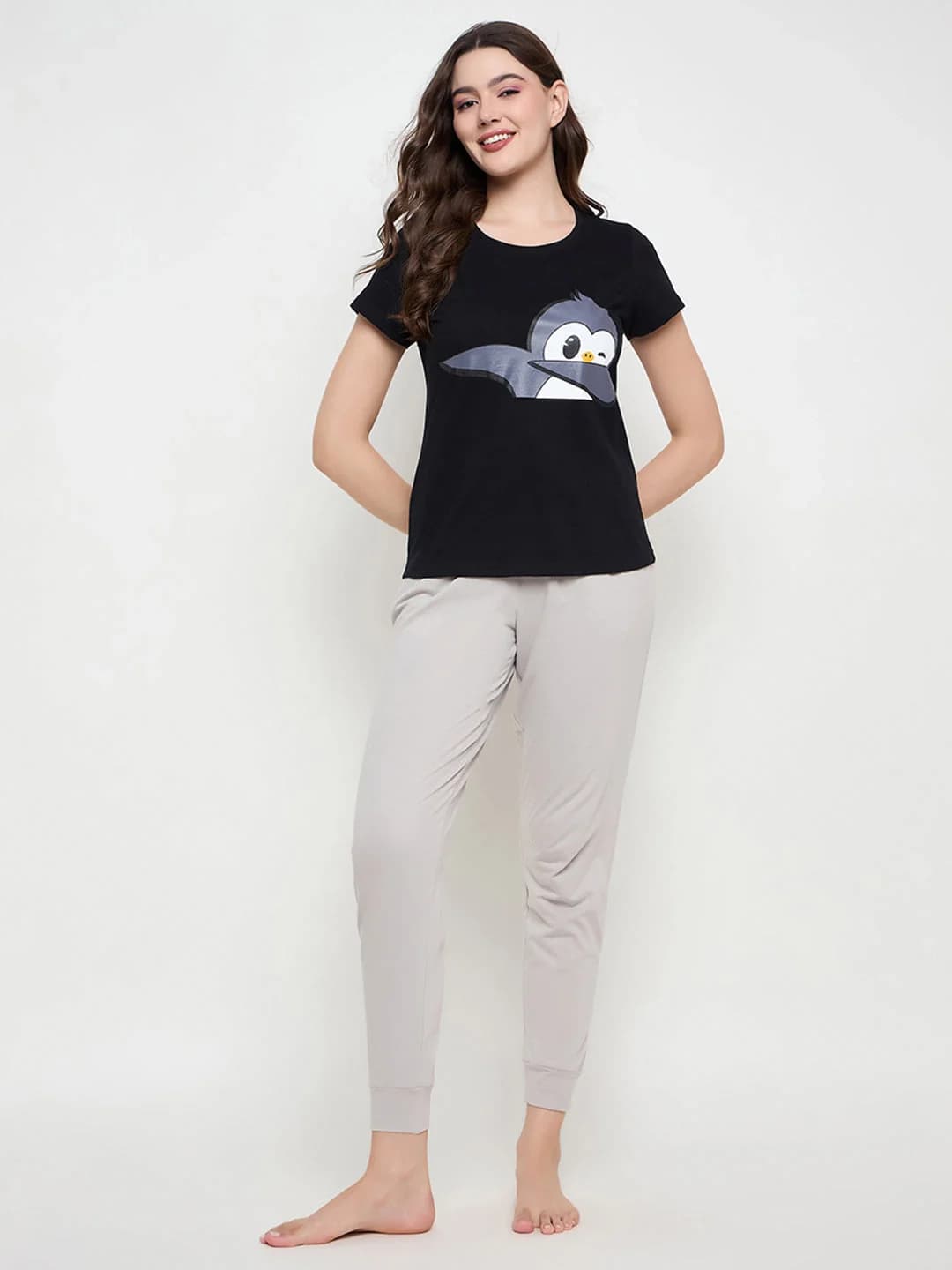 Women's Black Casual Printed Night Suit