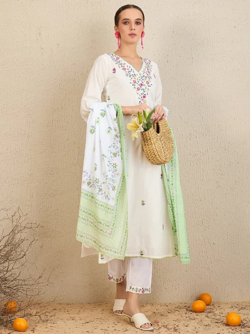 Women's White Embroidered Straight Kurta Trouser with Dupatta Set