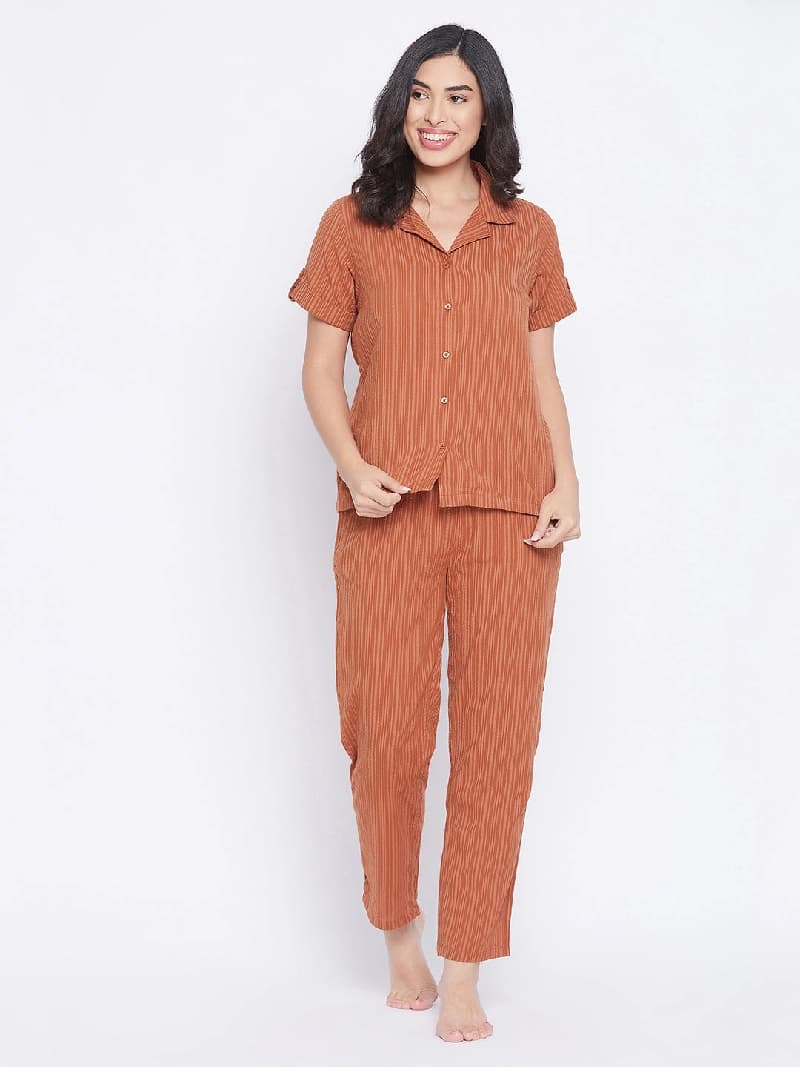 Women's Brown Casual Striped Night Suit
