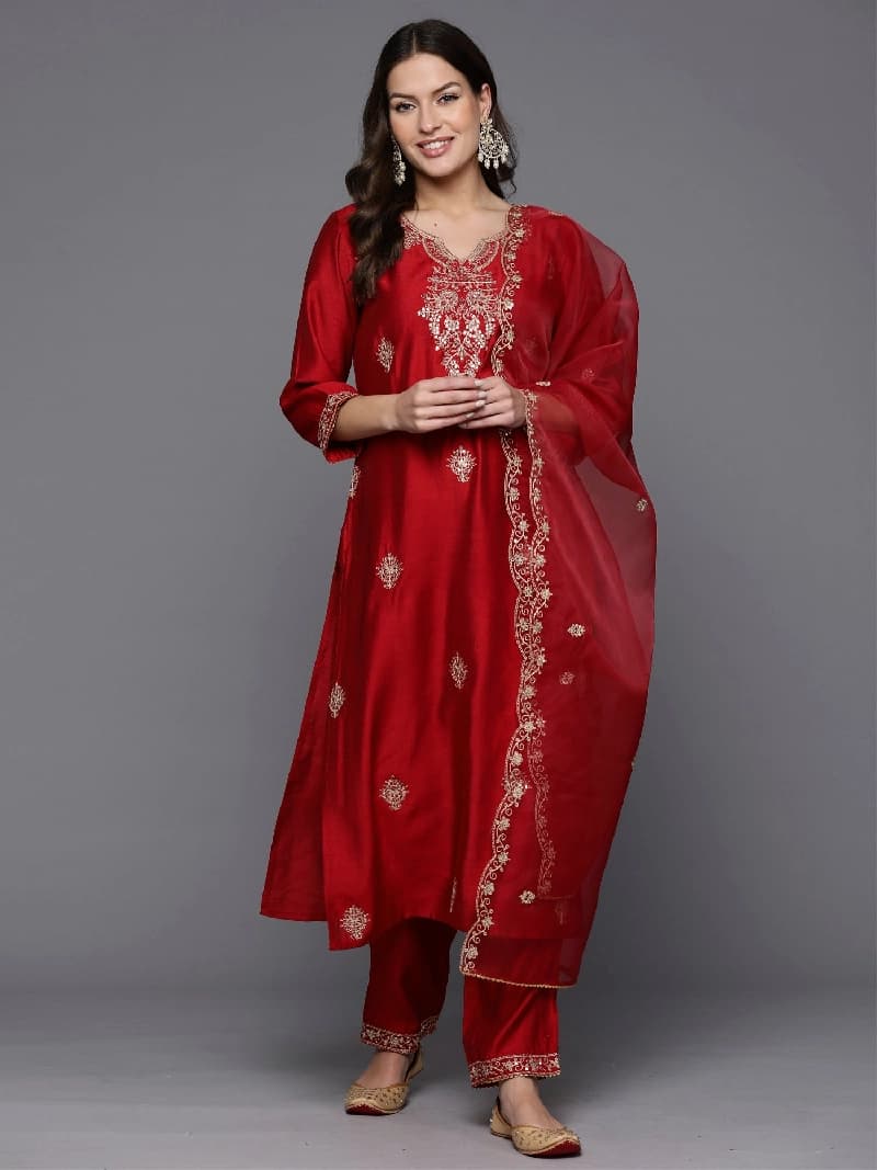 Women's Red Festive Printed Kurta Set