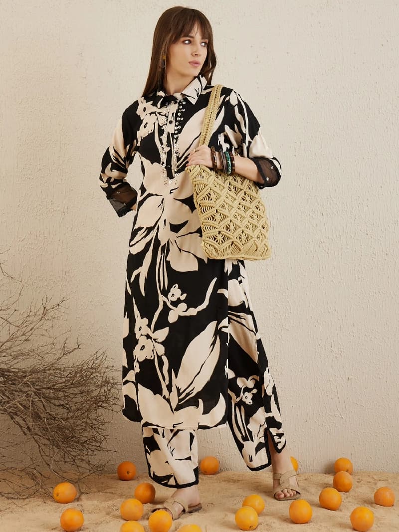 Women's Black Casual Printed Kurta Set