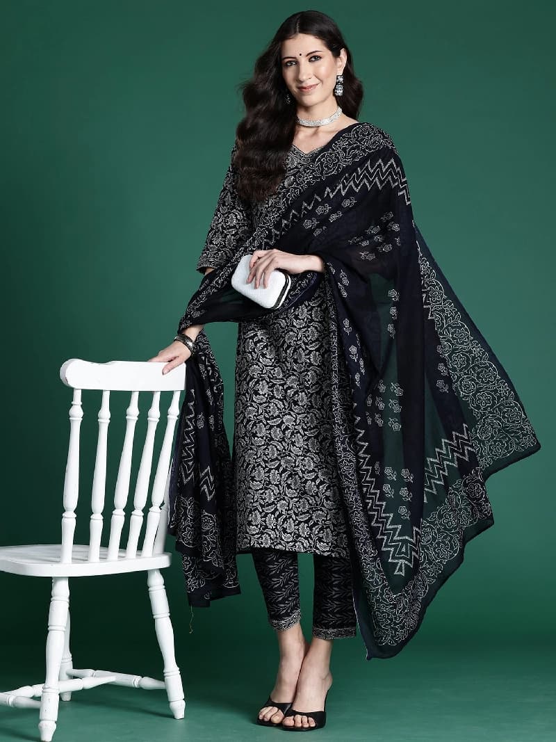 Women's Black Casual Printed Kurta Set