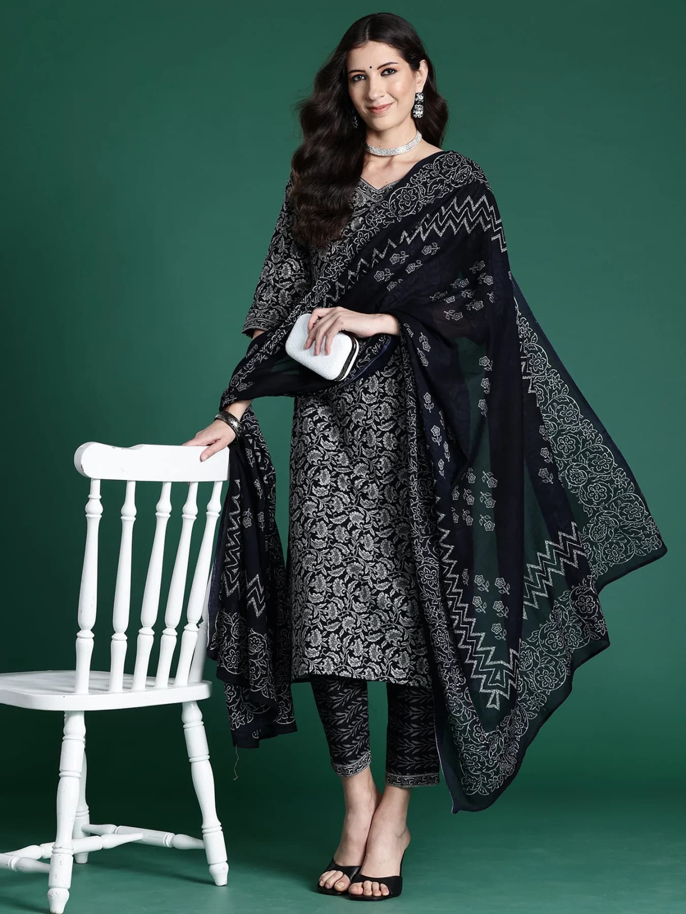 Women's Black Casual Printed Kurta Set