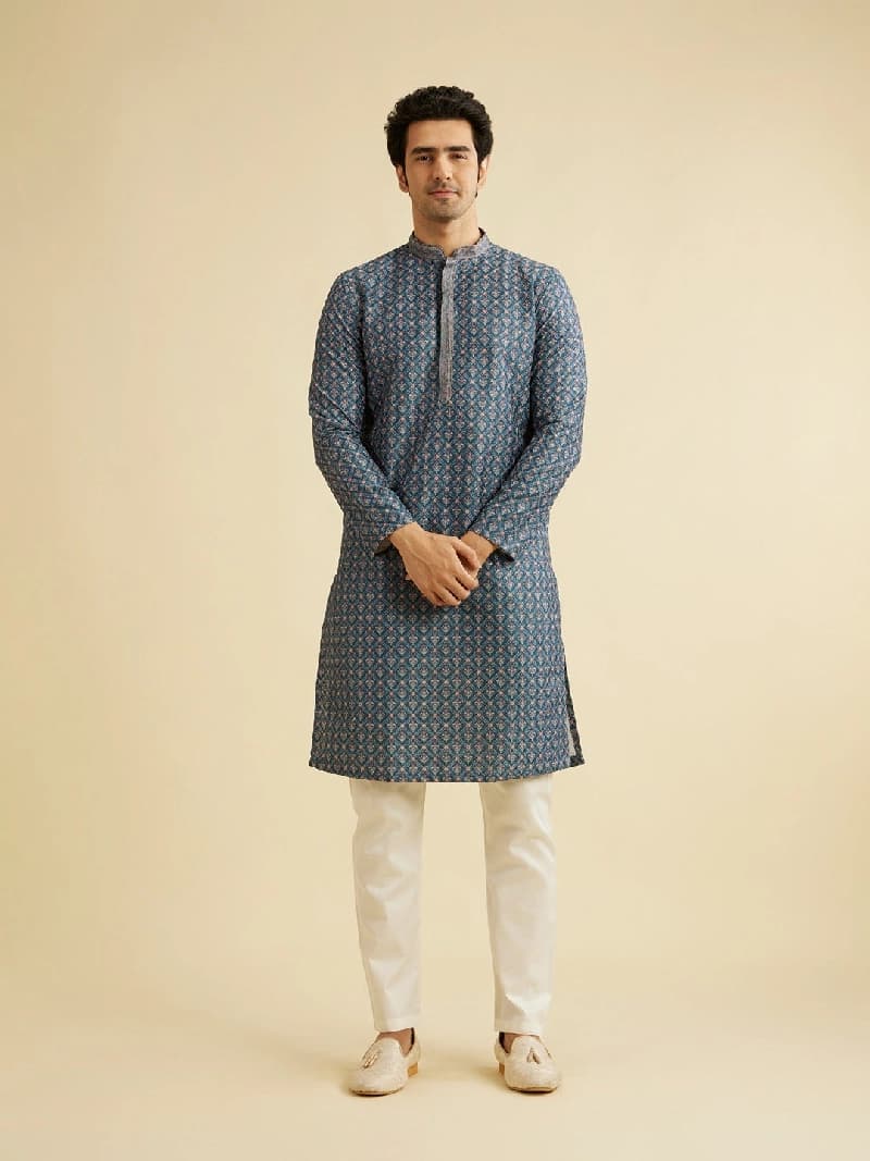 Men's Blue Festive Printed Kurta Set