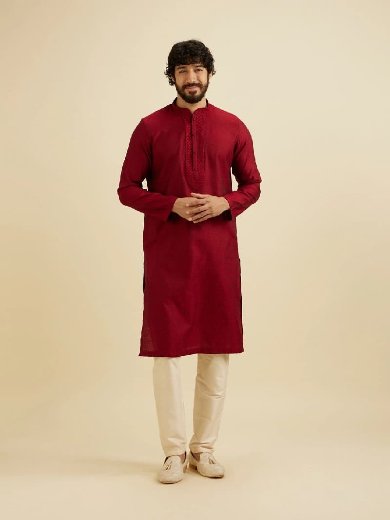 Men's Red Festive Solid Kurta Set