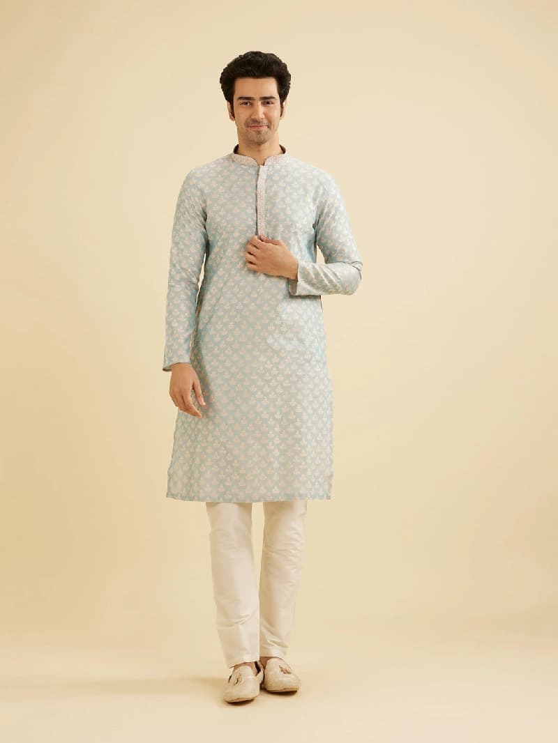 Men's Blue Festive Solid Kurta Set
