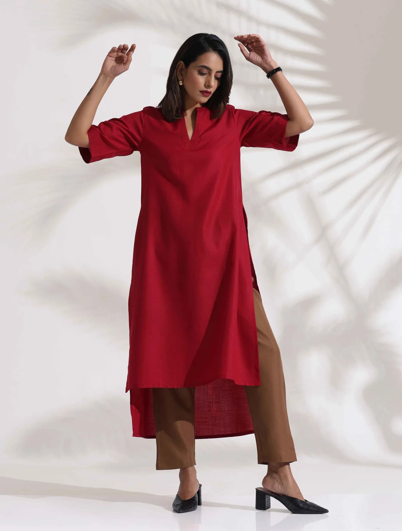 Women's Red Slub Highslit Kurta Set