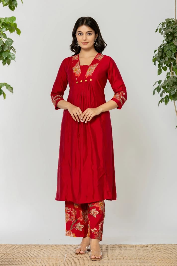 Women's Red Casual Kurta Set