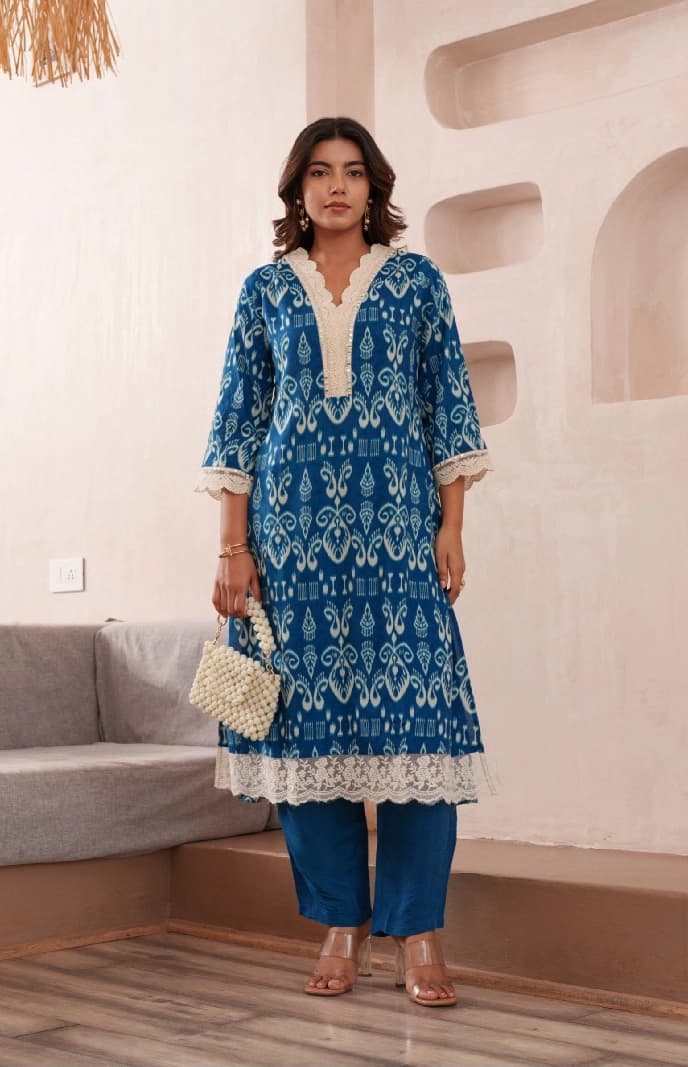 Women's Blue Casual Printed Kurta Set