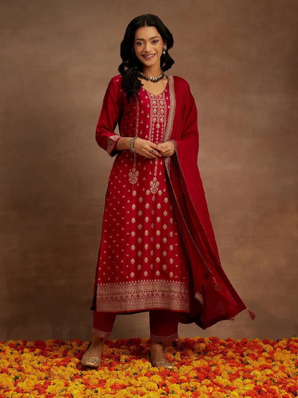 Women's Red Festive Kurta Set
