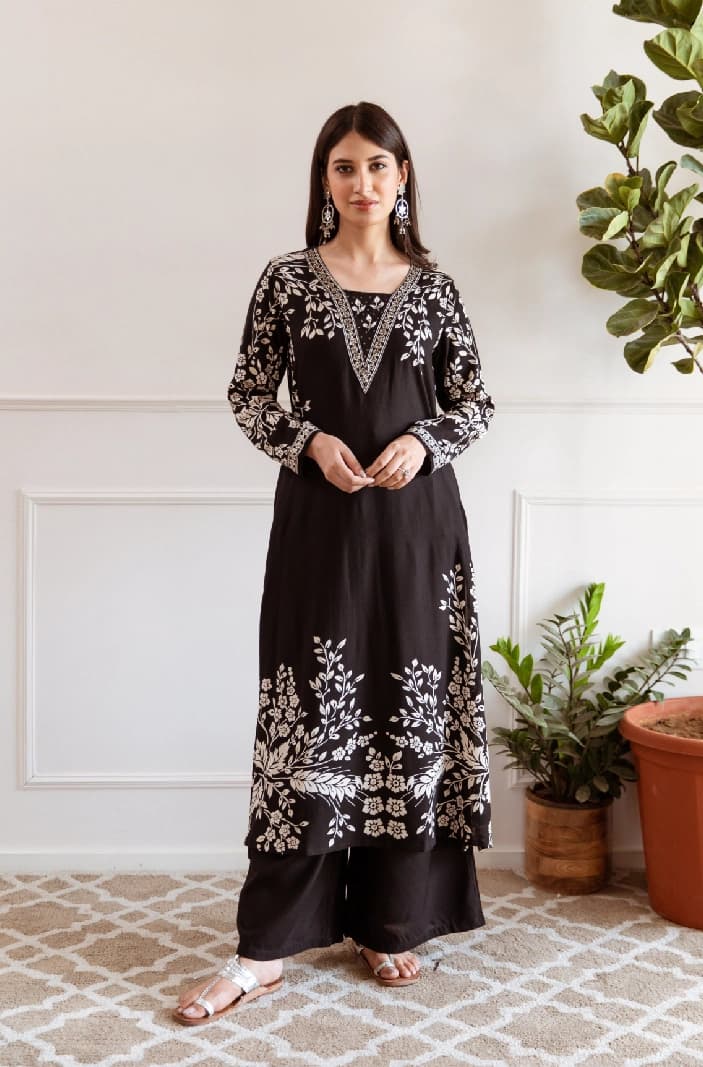 Women's Black Casual Printed Kurta Set