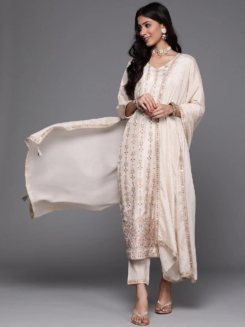 Women's Beige Festive Printed Kurta Set