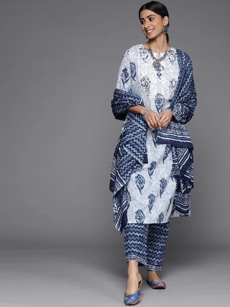 Women's White Festive Printed Kurta Set